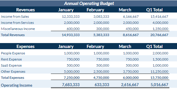 Monthly operating budget example